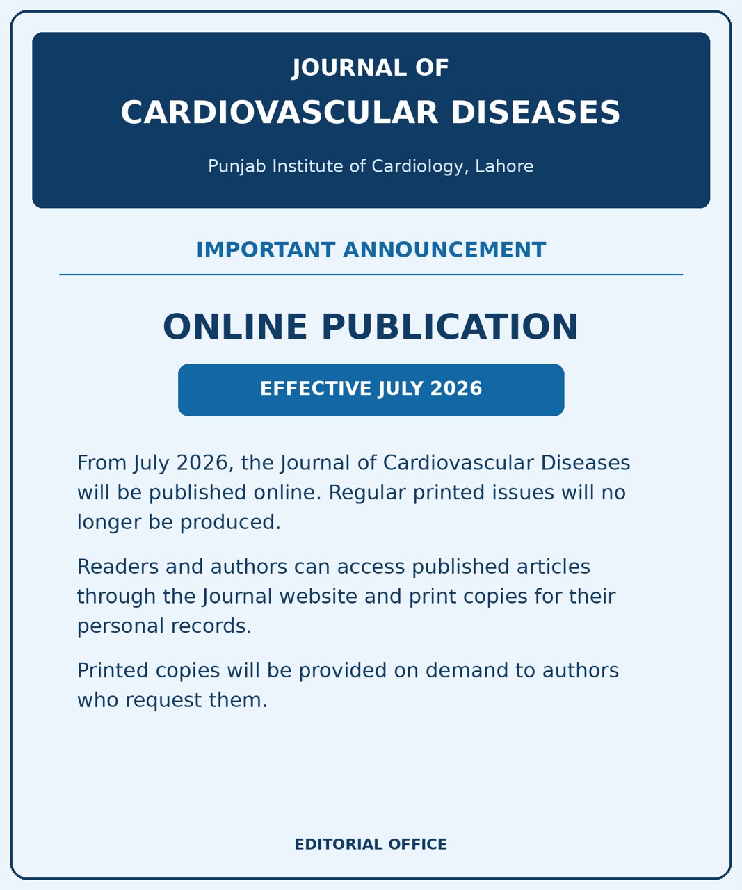 Journal of Cardiovascular Diseases announcement: Online Publication effective July 2026